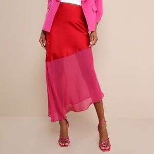 NWT Lulus Memorable Approach Red And Pink Color Block Satin Midi Skirt - Size L
